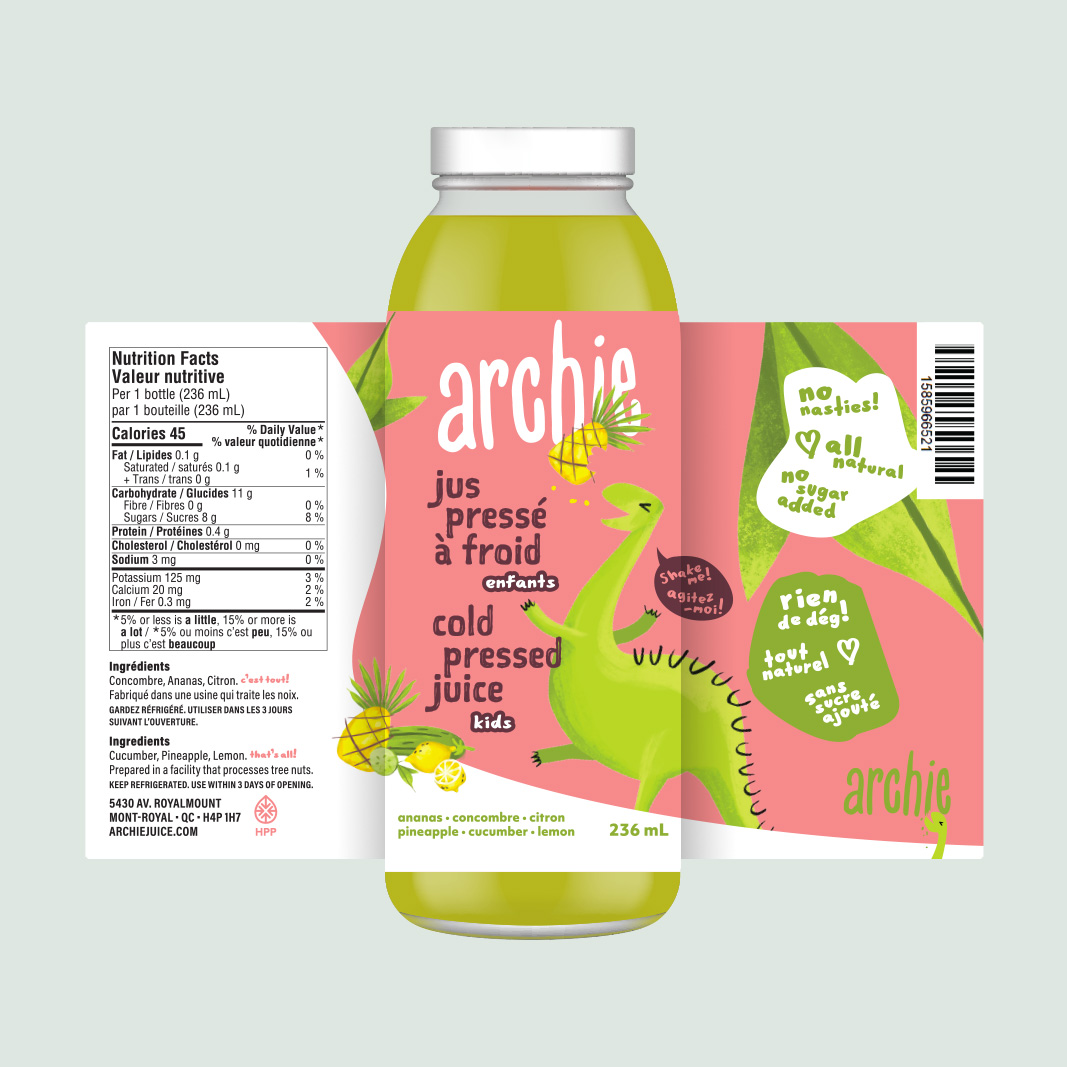 Jus Archie Juice Pressé à froid pour enfants Montréal design d'emballage